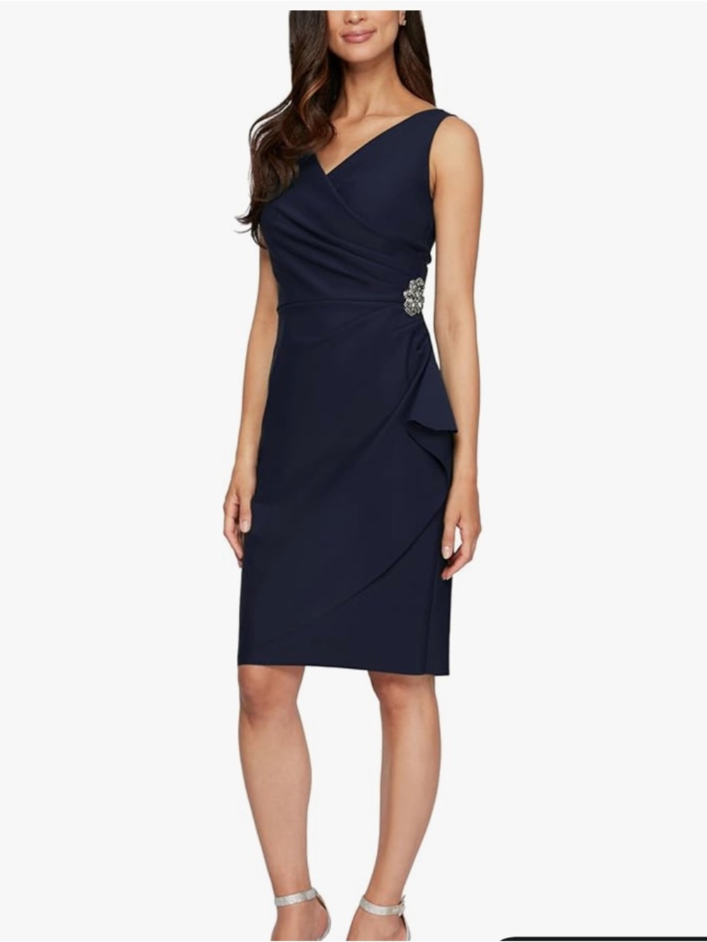 Alex Evenings Navy Slimming Cocktail Ruched Dress with Ruffle